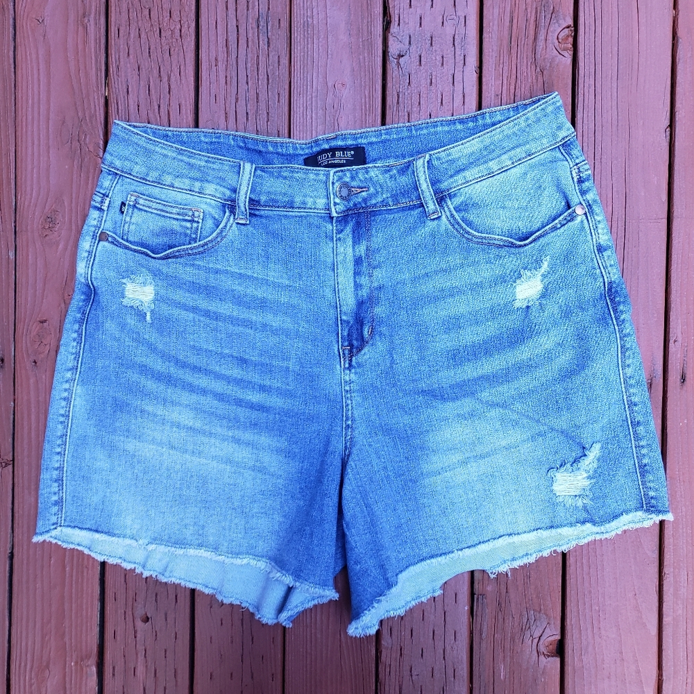 Judy Blue Distressed Medium Blue Jean SHORTS  - Size 2XL